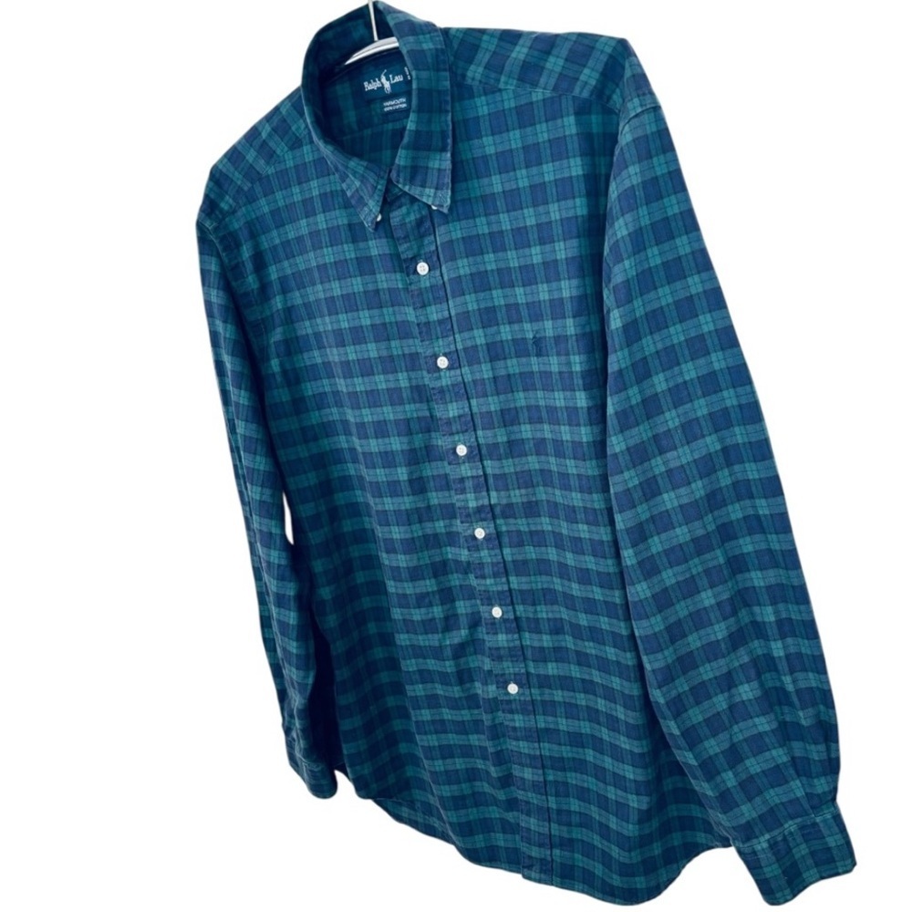 VINTAGE Ralph Lauren Yarmouth Men's Blue and Green Checkered Button Down Shirt - Picture 4 of 9